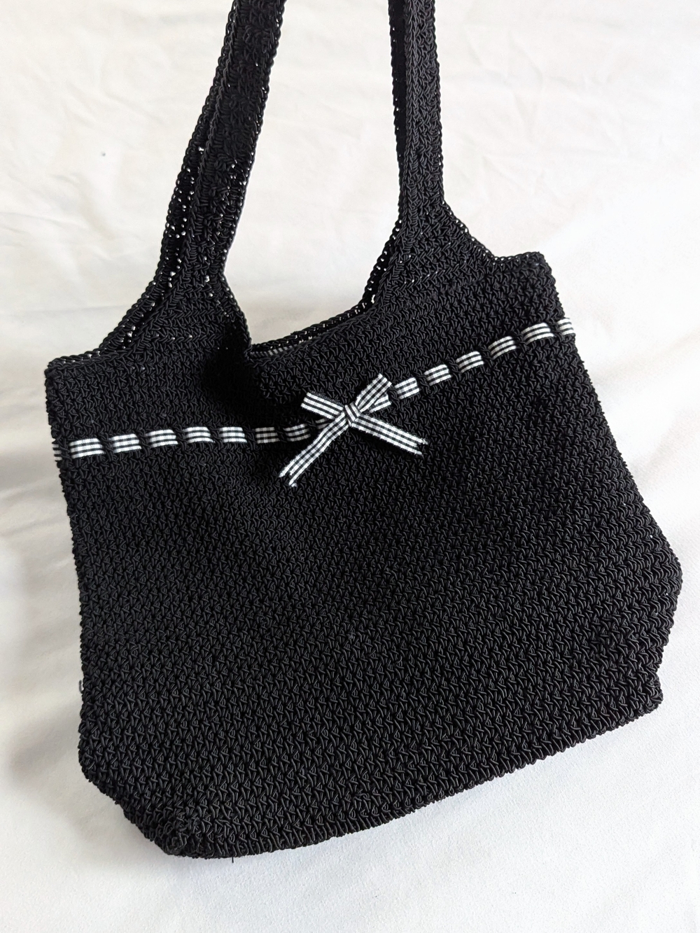 Super Cute Vintage Black Crochet Tote Bag with Bow Accent